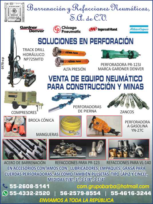 Venta y Reparacion de Equipo para Construccion, Minas y Neumatico. Numa Martillos de fondo y Brocas. Perforadoras, Zancos, Stenuick, Mangueras, Track Drill Venta y Reparacion de Equipo para Construccion, Minas y Neumatico. Numa Martillos de fondo y Brocas. Perforadoras, Zancos, Stenuick, Mangueras, Track Drill