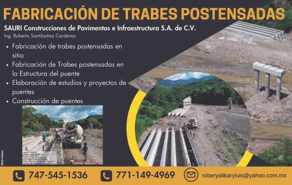 Fabricacion de trabes postensada en sitio, en la estructura del puente, elaboracion de estudios y proyectos de puentes, construccion de puentes