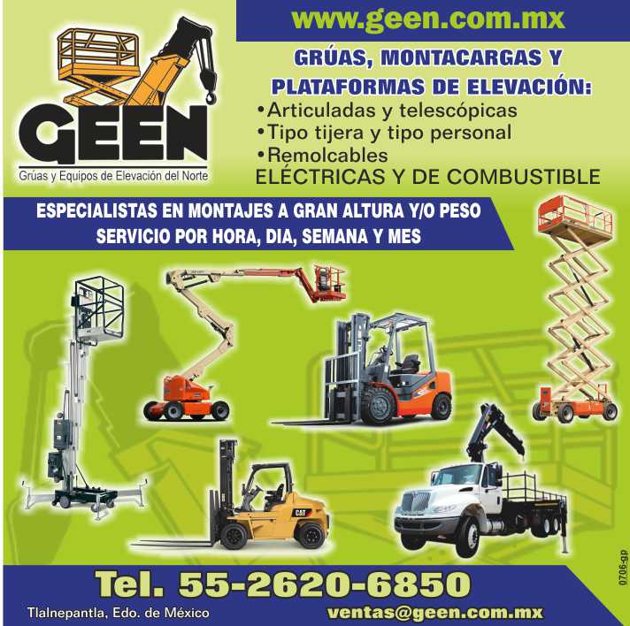 Gruas, Montacargas y Plataformas de Elevacion, Articuladas, Telescopicas, Tipo tijera y tipo personal, Remolcables, Electricas y de combustible, especialistas en montajes a gran altura y/o peso 