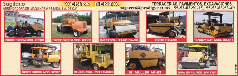 Terracerias, Pavements, Excavations, Sweepers, Soil Compactors, Vibrocompactors, Broce Broom, Ingersoll Rand, Waldon Sweep Master, Muller, Tema Terra, Cat, Bros Terracerias, Pavements, Excavations, Sweepers, Soil Compactors, Vibrocompactors, Broce Broom, Ingersoll Rand, Waldon Sweep Master, Muller, Tema Terra, Cat, Bros