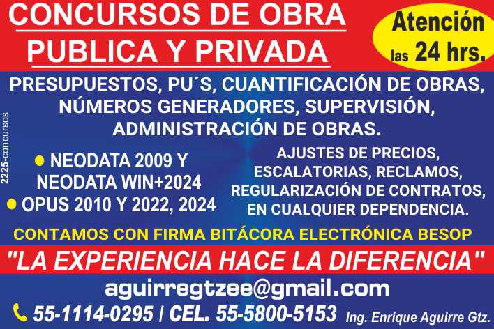 Concursos de Obra Publica y Privada, Presupuestos, Cuantificacion de Obras, Numeros Generadores, Supervision y Administracion de Obra, Ajustes de Precios, Escalatorias, Regularizacion de Contratos. Concursos de Obra Publica y Privada, Presupuestos, Cuantificacion de Obras, Numeros Generadores, Supervision y Administracion de Obra, Ajustes de Precios, Escalatorias, Regularizacion de Contratos.