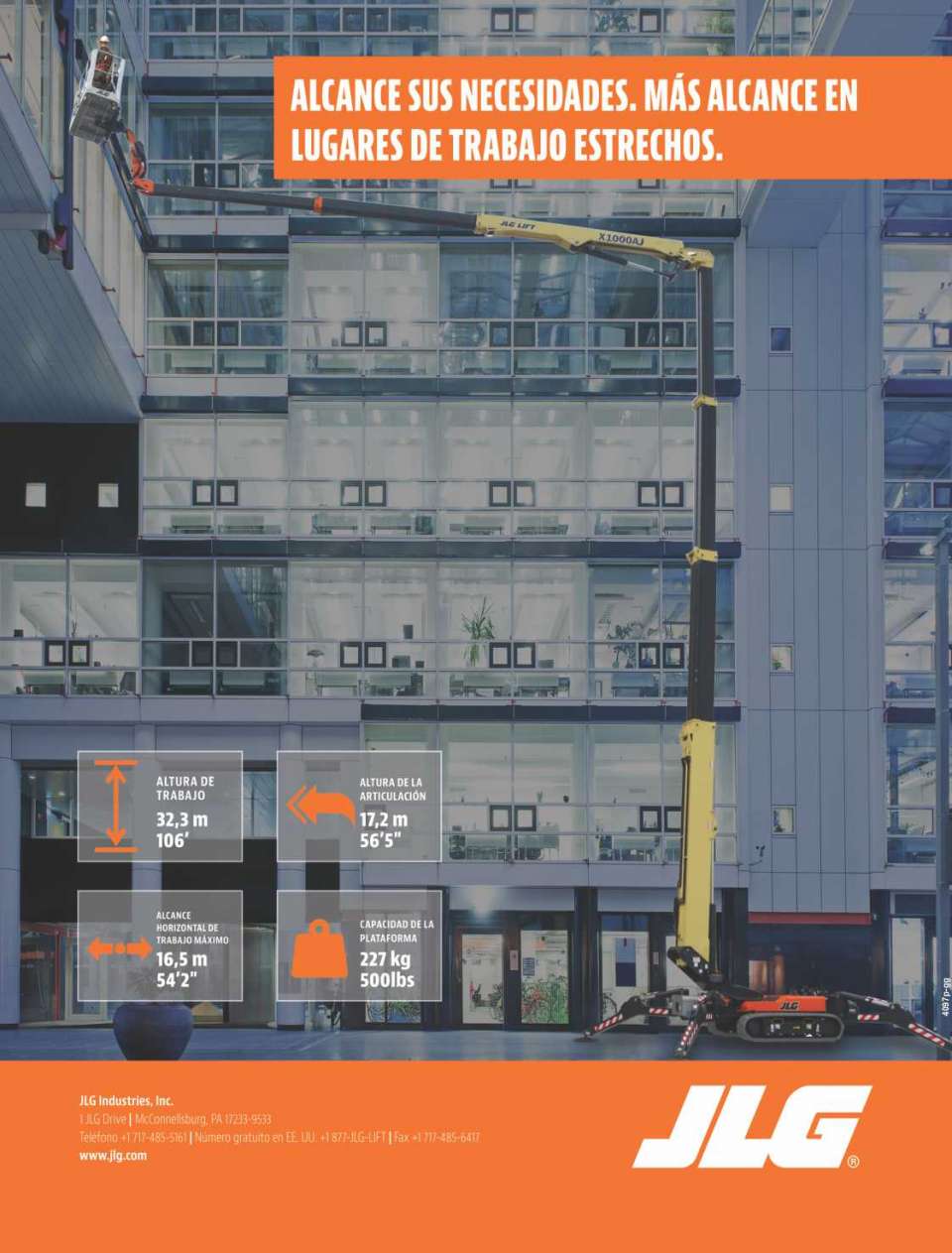 JLG LIFT. Model X1000AJ with working height of 32.3 meters, articulated arm height of 17.2 meters, horizontal reach 16.5 meters. and platform capacity of 227 kg. JLG LIFT. Model X1000AJ with working height of 32.3 meters, articulated arm height of 17.2 meters, horizontal reach 16.5 meters. and platform capacity of 227 kg.