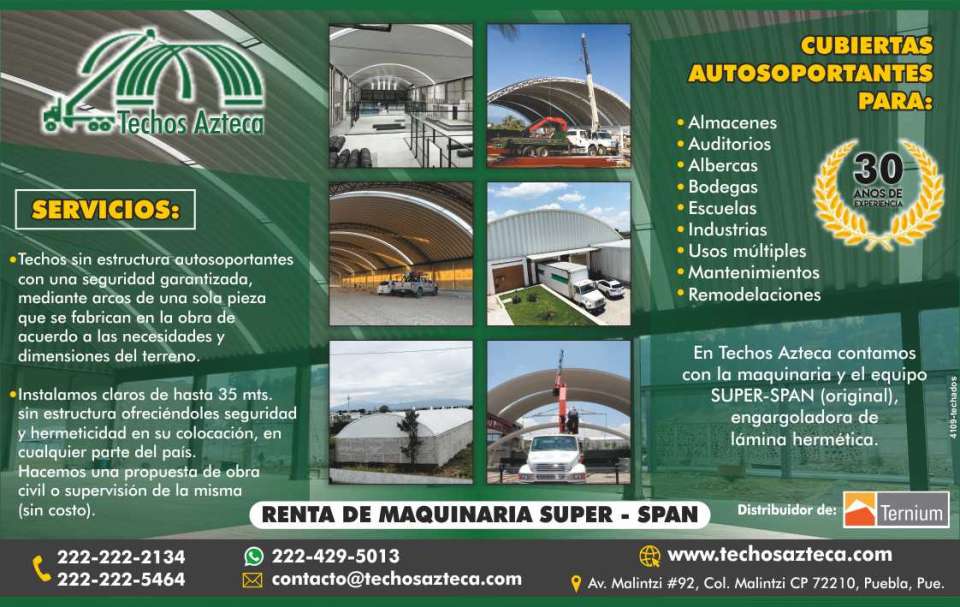 Cubiertas autosoportantes para almacenes, auditorios, albercas, bodegas Instalamos claros de hasta 35 mts. sin estructura, ofreciendoles seguridad y hermeticidad en su colocacion Cubiertas autosoportantes para almacenes, auditorios, albercas, bodegas Instalamos claros de hasta 35 mts. sin estructura, ofreciendoles seguridad y hermeticidad en su colocacion