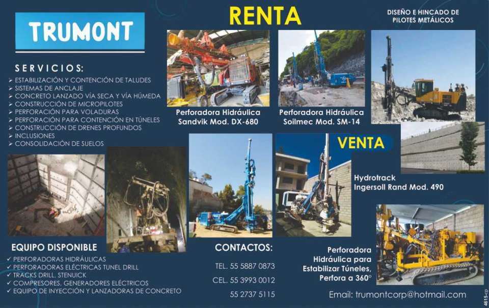Servicios: Estabilizacion y Contencion de Taludes Sistemas de anclaje Concreto lanzado via seca y humeda Construccion de Micropilotes Perforacion para Voladuras Perforacion para Contencion en tuneles Servicios: Estabilizacion y Contencion de Taludes Sistemas de anclaje Concreto lanzado via seca y humeda Construccion de Micropilotes Perforacion para Voladuras Perforacion para Contencion en tuneles