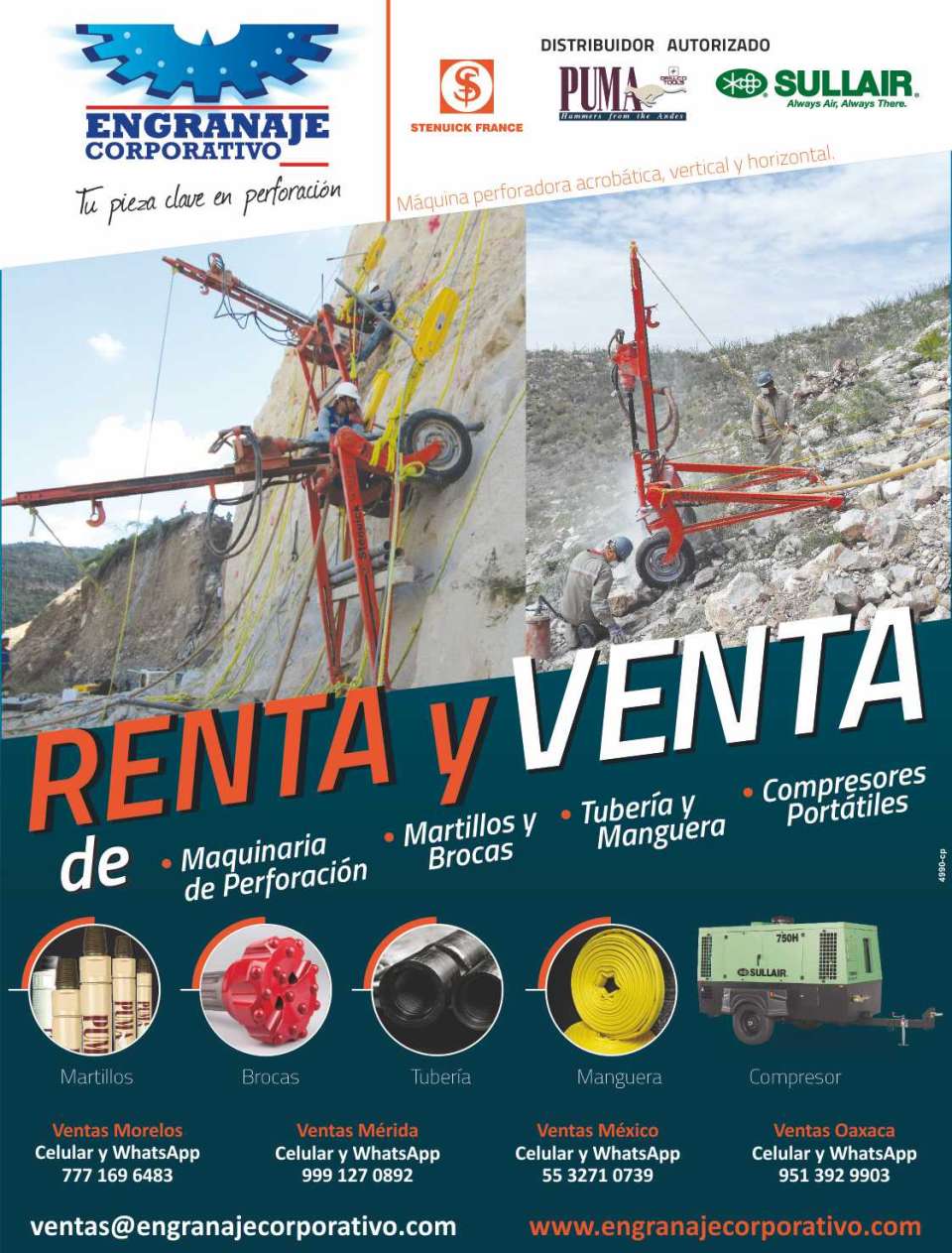 Rent and sale of drilling machinery, hammers and drill bits, pipes and hoses, portable compressors. Rent and sale of drilling machinery, hammers and drill bits, pipes and hoses, portable compressors.
