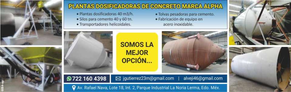 Plantas Dosificadoras de Concreto Marca Alpha.Plantas Dosificadoras 40m3/h. Silos para Cemento 40 y 60 ton.Transportadores helicoidales.Tolvas pesadoras para cemento.Fabricacion de equipo en acero. Plantas Dosificadoras de Concreto Marca Alpha.Plantas Dosificadoras 40m3/h. Silos para Cemento 40 y 60 ton.Transportadores helicoidales.Tolvas pesadoras para cemento.Fabricacion de equipo en acero.