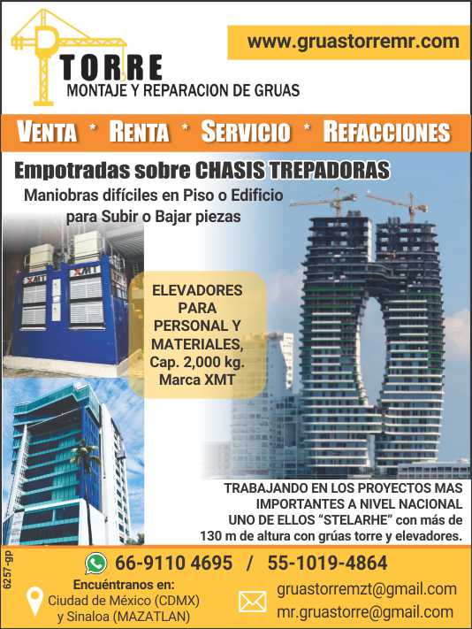 GRUAS TORRE en Venta-Renta-Servicio y Reparaciones. Empotradas sobre CHASIS TREPADORAS, Maniobras dificiles en Piso o Edificio para subir o bajar piezas. ELEVADORES PARA PERSONAL Y MATERIALES.