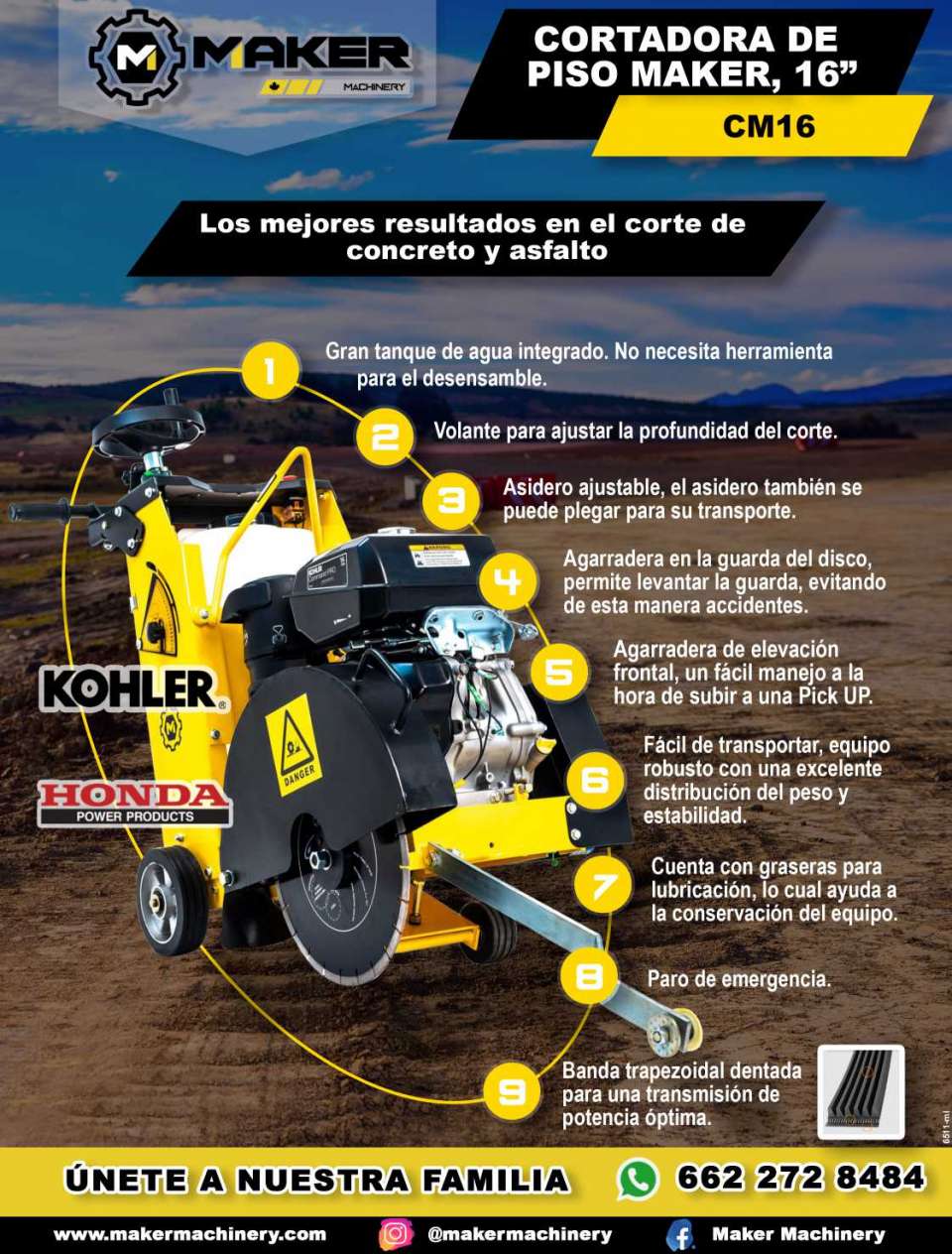 Cortadora de piso Maker, 16", CM16, mejores resultados en el corte de concreto y asfalto Cortadora de piso Maker, 16", CM16, mejores resultados en el corte de concreto y asfalto