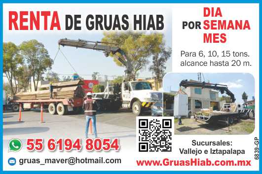 RENTA de GRUAS HIAB por dia, semana o mes. Para 6, 10 15 tons., alcance hasta 20 m. Sucursales: Vallejo e Iztapalapa. RENTA de GRUAS HIAB por dia, semana o mes. Para 6, 10 15 tons., alcance hasta 20 m. Sucursales: Vallejo e Iztapalapa.