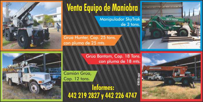 Venta equipo de Maniobra, Manipulador Sky Track de 3 tons, Grua Hunter 25 tons. con pluma de 25 mts., Grua Bantam, cap. 18 tons. con pluma de 18 mts., Camion grua cap. 12 tons.