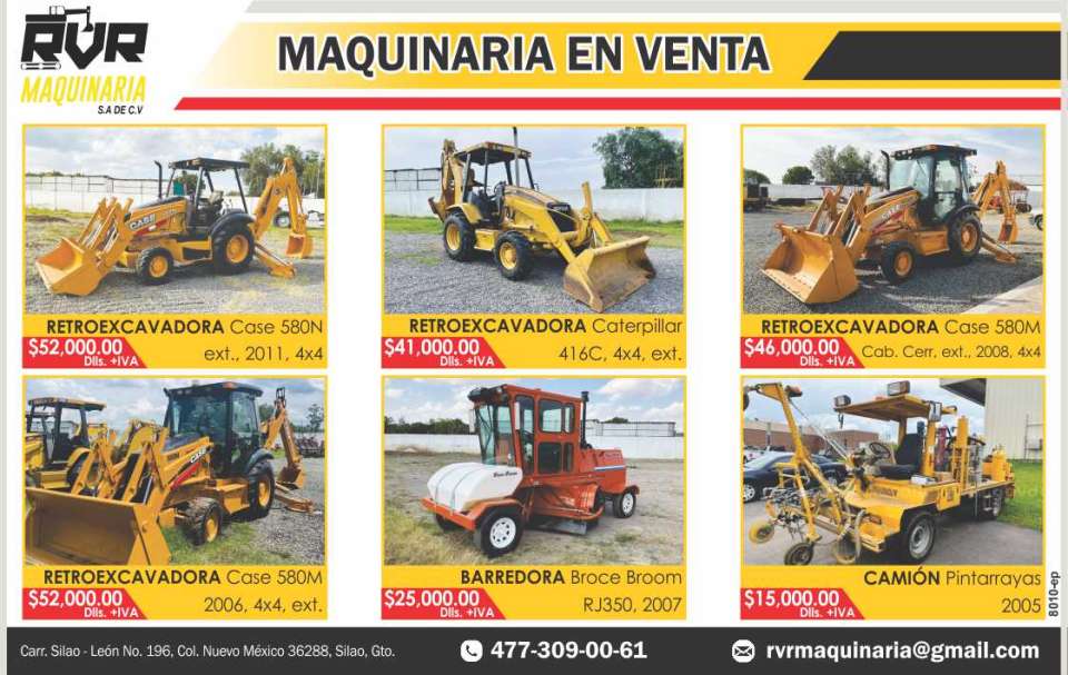 Maquinaria en Venta. Retroexcavadoras Caterpillar 416C, 580N, Case 580M, Barredora Broce Broom, Camion Pintarrayas. Maquinaria en Venta. Retroexcavadoras Caterpillar 416C, 580N, Case 580M, Barredora Broce Broom, Camion Pintarrayas.
