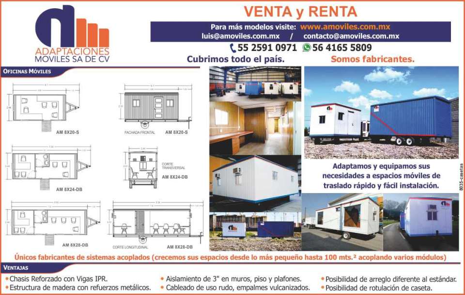 Venta y Renta de Oficinas Moviles, Bodegas Moviles. Espacios Moviles de traslado rapido y facil instalacion. Sistemas acoplados. Crecemos sus espacios hasta 100 mts2. Venta y Renta de Oficinas Moviles, Bodegas Moviles. Espacios Moviles de traslado rapido y facil instalacion. Sistemas acoplados. Crecemos sus espacios hasta 100 mts2.