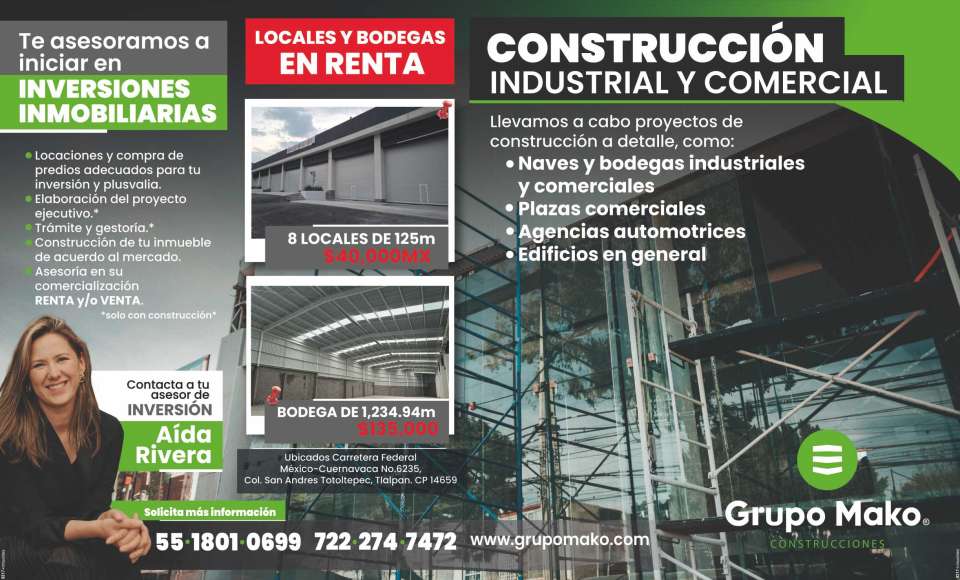 Construccion, venta y renta de naves y bodegas industriales y comerciales. Llevamos a cabo proyectos de construccion a detalle, plazas comerciales, agencias automotrices, naves, edificios en general