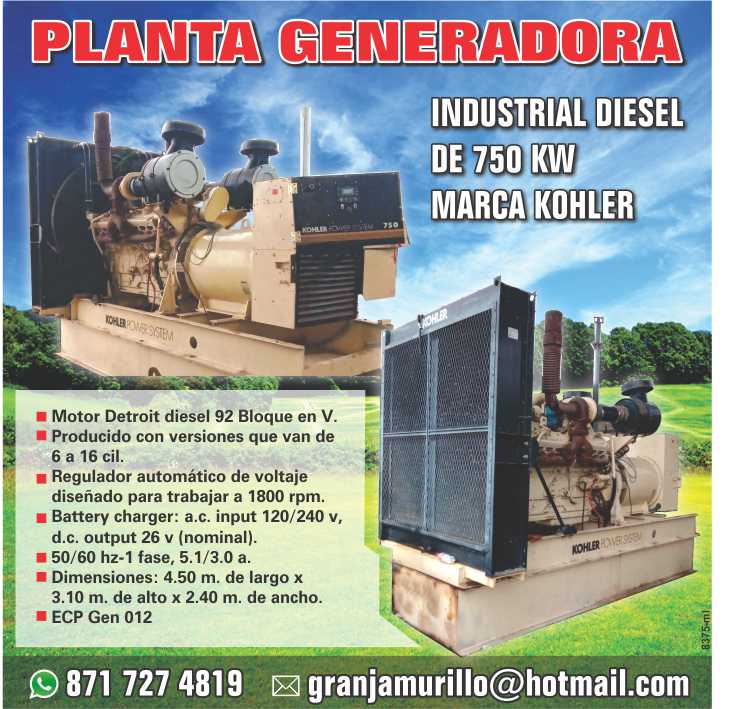 750 KW diesel industrial generating plant, Kohler brand, Detroit Diesel 92 V- block engine, produced with versions ranging from 6 to 16 cyl. automatic voltage regulator 750 KW diesel industrial generating plant, Kohler brand, Detroit Diesel 92 V- block engine, produced with versions ranging from 6 to 16 cyl. automatic voltage regulator