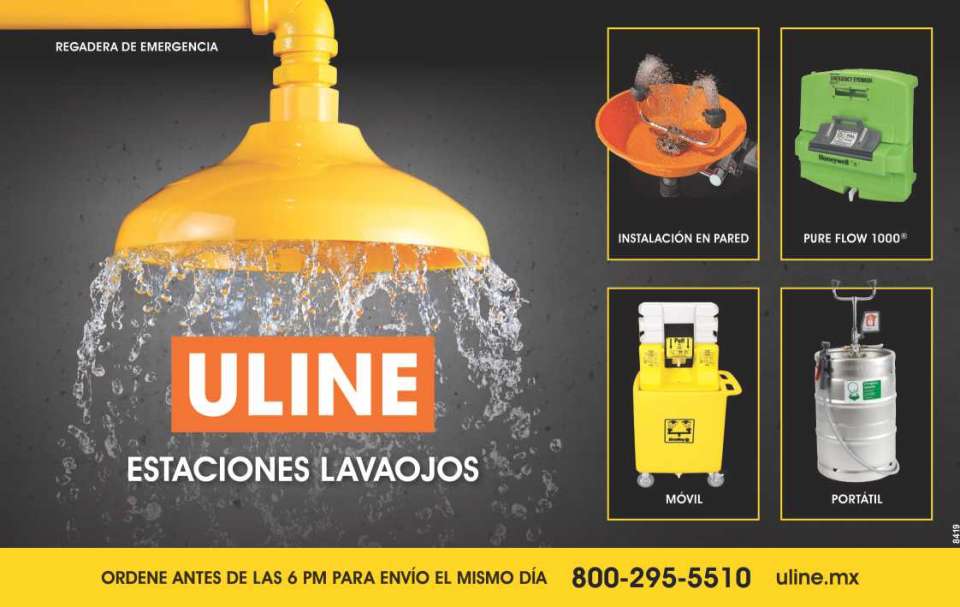 Uline - Estaciones Lavaojos. Regadera de Emergencia, Instalacion en Pared, Estacion de Pared, Pure Flow 1000, Movil