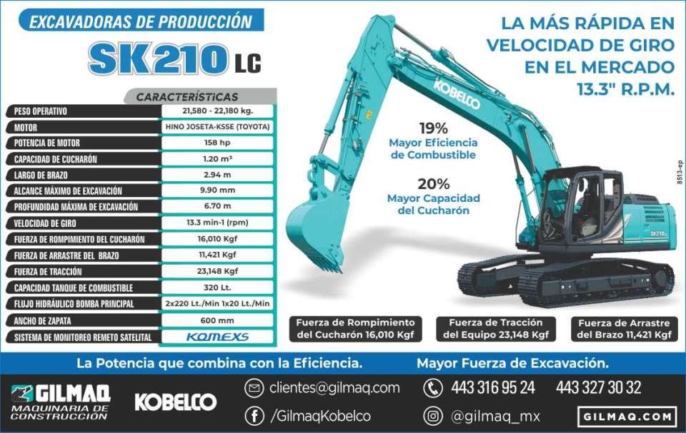Excavadoras de produccion SK210LC, la mas rapida en velocidad de giro en el mercado 13.3" R.P.M. La potencia que combina con la eficiencia Mayor Fuerza de excavacion. 20% mayor capacidad del cucharon. Excavadoras de produccion SK210LC, la mas rapida en velocidad de giro en el mercado 13.3" R.P.M. La potencia que combina con la eficiencia Mayor Fuerza de excavacion. 20% mayor capacidad del cucharon.