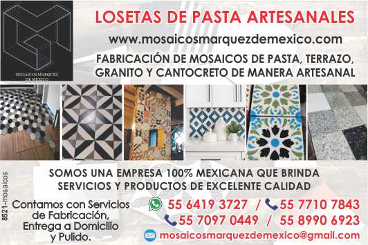 Fabricacion de Mosaicos de pasta, terrazo, granito y cantocreto de manera artesanal. Empresa 100% mexicana. Servicios y Productos de excelente calidad. Fabricacion de Mosaicos de pasta, terrazo, granito y cantocreto de manera artesanal. Empresa 100% mexicana. Servicios y Productos de excelente calidad.