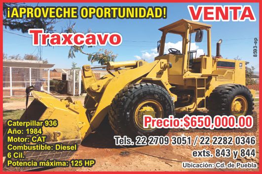 Aproveche oportunidad, venta de Traxcavo Caterpillar 936, año 1984, motor Cat, combustible diesel, 6 cil, potencia maxima 125 HP, precio $650,000. Aproveche oportunidad, venta de Traxcavo Caterpillar 936, año 1984, motor Cat, combustible diesel, 6 cil, potencia maxima 125 HP, precio $650,000.