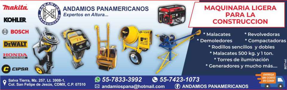Maquinaria Ligera para la Construccion. Malacates, Revolvedoras, Demoledores, Compactadoras, Rodillos sencillos y dobles, Malacates 500 kg. y 1 ton., Torres de Iluminacion, Generadores y mucho mas... Maquinaria Ligera para la Construccion. Malacates, Revolvedoras, Demoledores, Compactadoras, Rodillos sencillos y dobles, Malacates 500 kg. y 1 ton., Torres de Iluminacion, Generadores y mucho mas...
