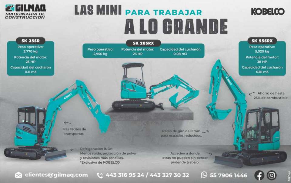Las Mini para trabajar a lo grande, SK35SR, SK28SRX, SK55SRX, mas faciles de transportar, Ahorro de hasta 25% de combustible, Radio de giro de 0mm para espacios reducidos, Refrigeracion iNDr. Las Mini para trabajar a lo grande, SK35SR, SK28SRX, SK55SRX, mas faciles de transportar, Ahorro de hasta 25% de combustible, Radio de giro de 0mm para espacios reducidos, Refrigeracion iNDr.