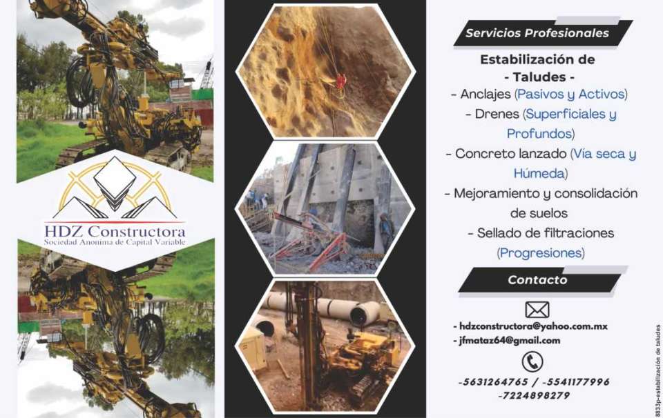 Anclajes Pasivos y Activos, Drenes (Superficiales y Profundos). Concreto Lanzado (Via Seca y Humeda). Mejoramiento y Consolidacion de Suelos. Sellado de filtraciones (Progresiones) Anclajes Pasivos y Activos, Drenes (Superficiales y Profundos). Concreto Lanzado (Via Seca y Humeda). Mejoramiento y Consolidacion de Suelos. Sellado de filtraciones (Progresiones)