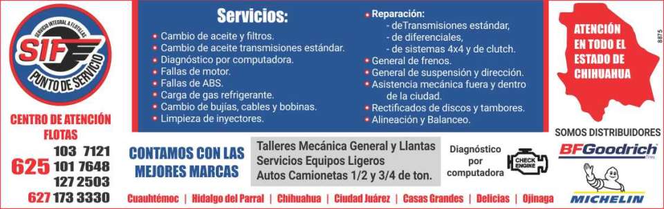 SIF Punto de Servicio Servicios: Cambio de aceite y Filtros, Cambio de aceite transmisiones estandar, Fallas de motor, Fallas de ABS, Carga de gas refrigerante, Cambio de bujias, cables y bobinas. SIF Punto de Servicio Servicios: Cambio de aceite y Filtros, Cambio de aceite transmisiones estandar, Fallas de motor, Fallas de ABS, Carga de gas refrigerante, Cambio de bujias, cables y bobinas.