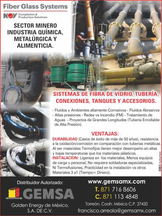 Sistemas de Fibra de Vidrio, Tuberia, Conexiones, Tanques y Accesorios. Fluidos y Ambientes altamente Corrosivos-Fluidos Abrasivos. Altas presiones-Redes contra incendio (FM). Tratamiento de Aguas. Sistemas de Fibra de Vidrio, Tuberia, Conexiones, Tanques y Accesorios. Fluidos y Ambientes altamente Corrosivos-Fluidos Abrasivos. Altas presiones-Redes contra incendio (FM). Tratamiento de Aguas.