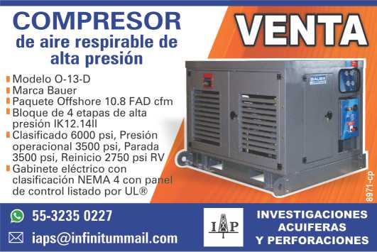 En Venta Compresor de Aire respirbale de alta presion. Modelo 0-13-D, marca Bauer, Paquete Offshore, Bloque de 4 etapas de alta presion, Gabinete electrico NEMA 4, con panel de control. IAP En Venta Compresor de Aire respirbale de alta presion. Modelo 0-13-D, marca Bauer, Paquete Offshore, Bloque de 4 etapas de alta presion, Gabinete electrico NEMA 4, con panel de control. IAP