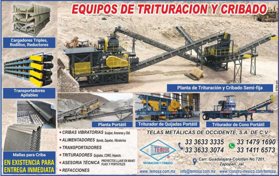 Equipos de trituracion y cribado, refacciones para plantas de cribado, lavadores de arena, criba vibratoria scalper tipo grizzli, cargadores triples, rodillos reductores, transportadores apilables.